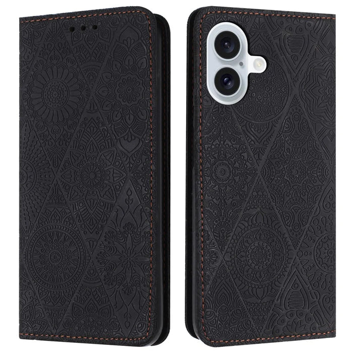 For iPhone 16 Case Imprinted Flower Wallet Stand Leather Phone Cover - Black - 1