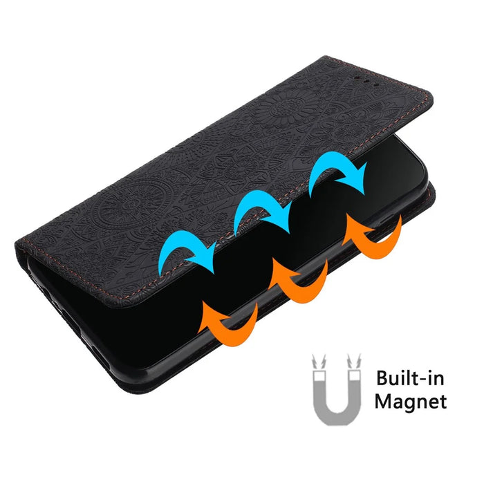 For iPhone 16 Case Imprinted Flower Wallet Stand Leather Phone Cover - Black - 4