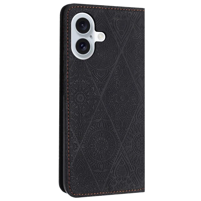 For iPhone 16 Case Imprinted Flower Wallet Stand Leather Phone Cover - Black - 6