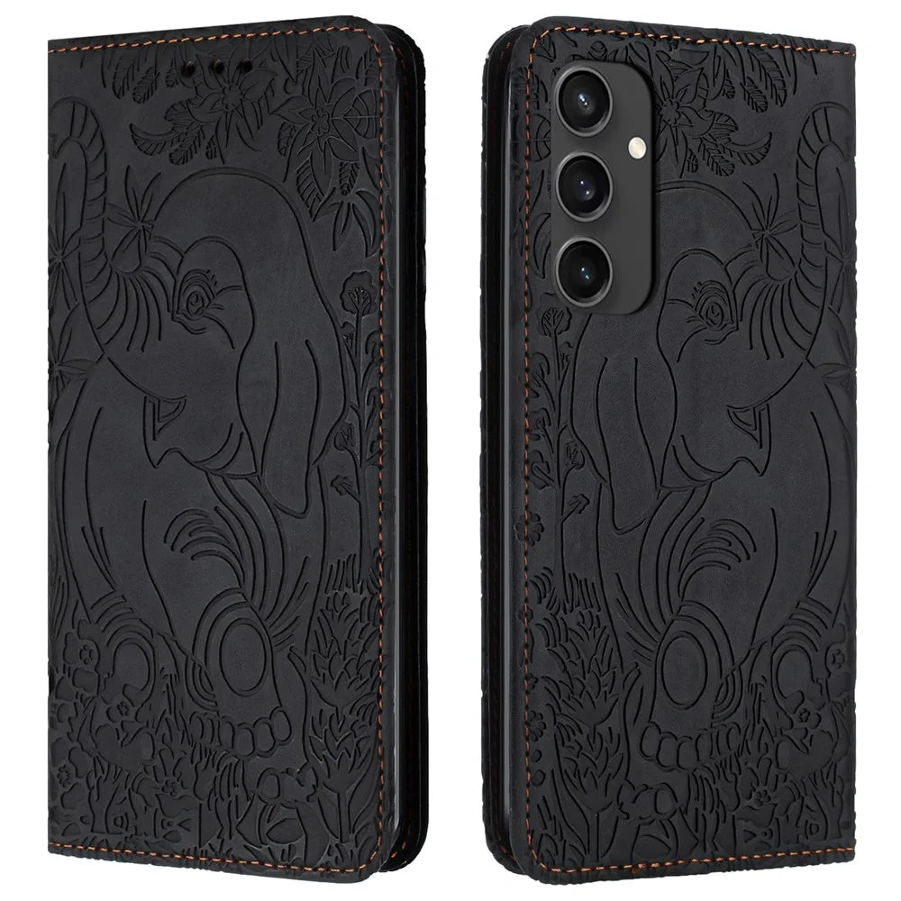 For Samsung Galaxy S24 FE Case PU Leather Wallet Phone Cover Elephant Pattern - Black - 1
