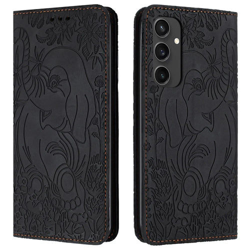 For Samsung Galaxy S24 FE Case PU Leather Wallet Phone Cover Elephant Pattern - Black - 1