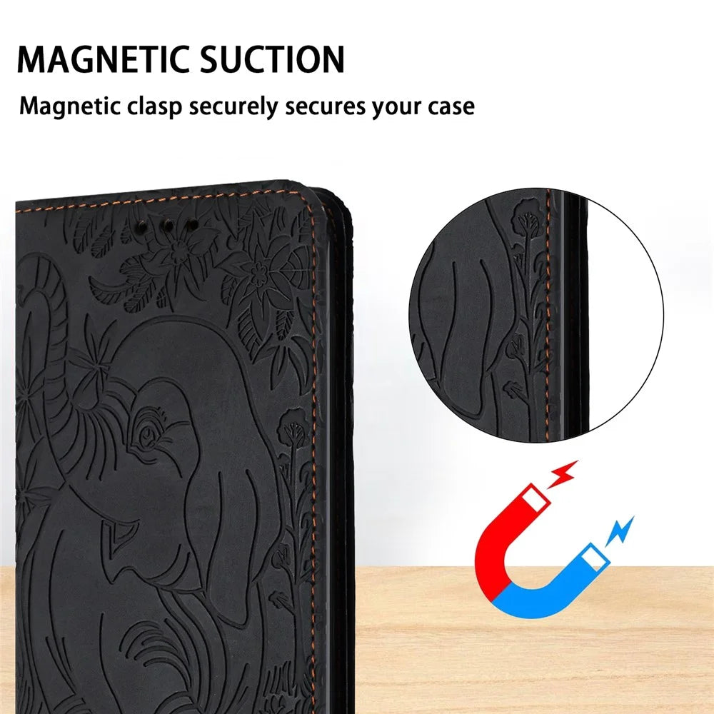For Samsung Galaxy S24 FE Case PU Leather Wallet Phone Cover Elephant Pattern - Black - 5