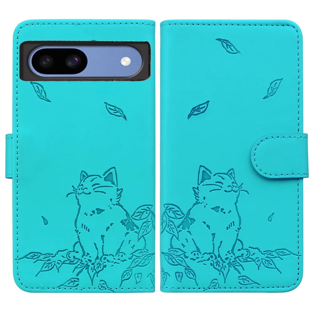 For Google Pixel 8a Case Wallet Cat Pattern Imprinted Leather Phone Cover - Lake Blue - 1