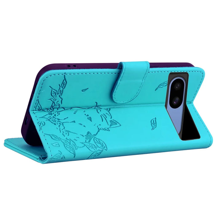 For Google Pixel 8a Case Wallet Cat Pattern Imprinted Leather Phone Cover - Lake Blue - 4