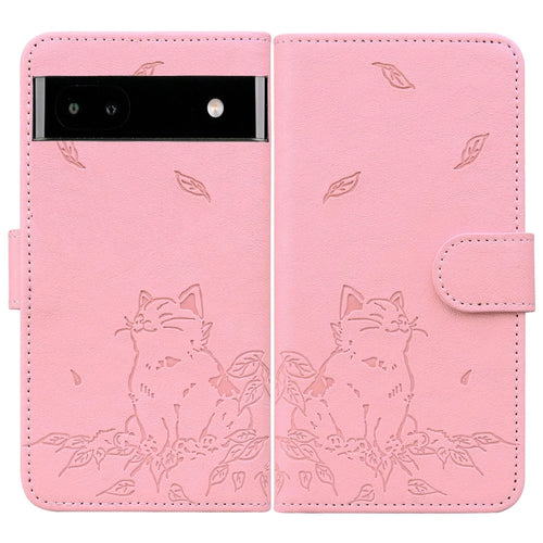 For Google Pixel 7a Case Wallet Cat Pattern Imprinted Leather Phone Cover - Pink - 1