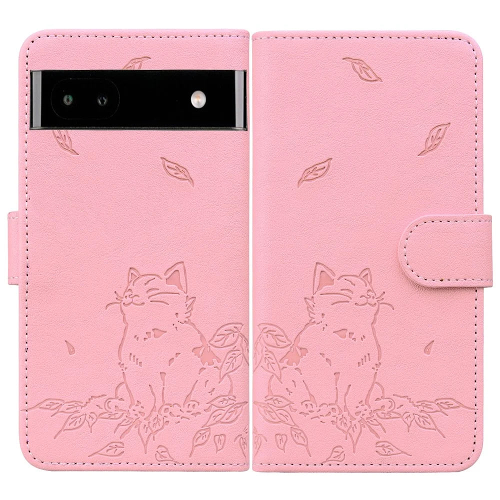 For Google Pixel 7a Case Wallet Cat Pattern Imprinted Leather Phone Cover - Pink - 1