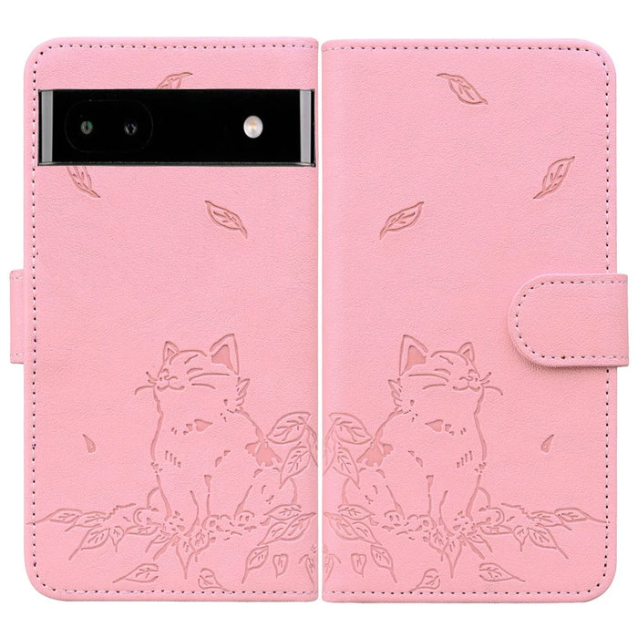 For Google Pixel 7a Case Wallet Cat Pattern Imprinted Leather Phone Cover - Pink - 1
