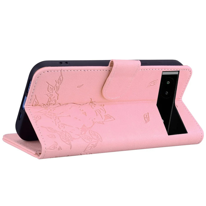 For Google Pixel 7a Case Wallet Cat Pattern Imprinted Leather Phone Cover - Pink - 4