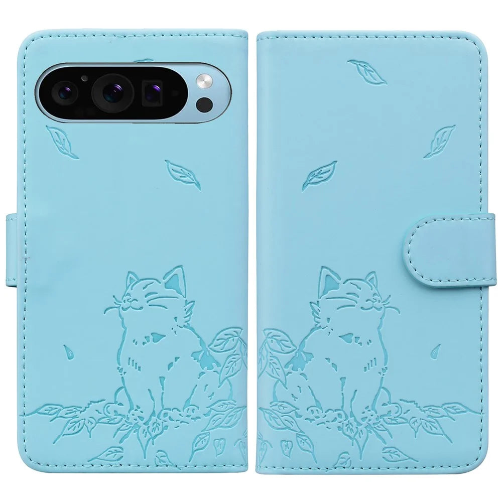 For Google Pixel 10 Pro / Pixel 10 / Pixel 9 Pro / Pixel 9 Case Wallet Cat Pattern Imprinted Leather Phone Cover - Sky Blue - 1
