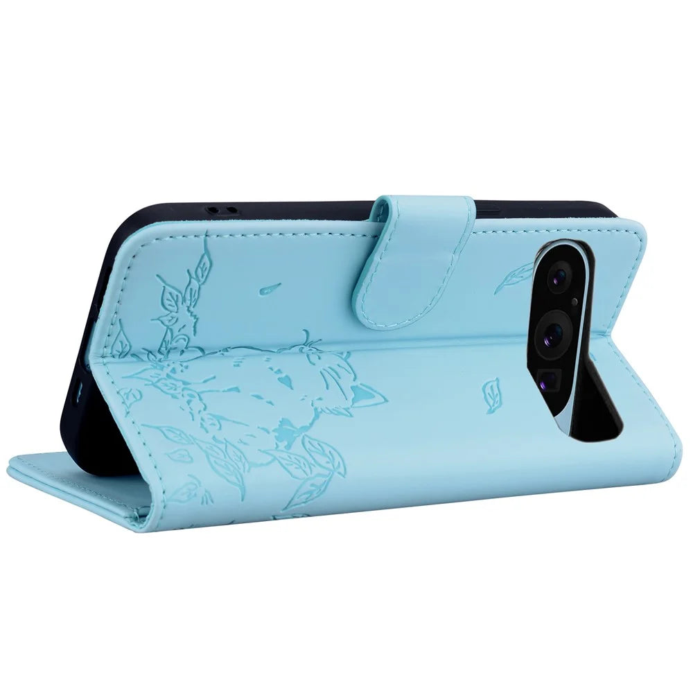 For Google Pixel 10 Pro / Pixel 10 / Pixel 9 Pro / Pixel 9 Case Wallet Cat Pattern Imprinted Leather Phone Cover - Sky Blue - 4