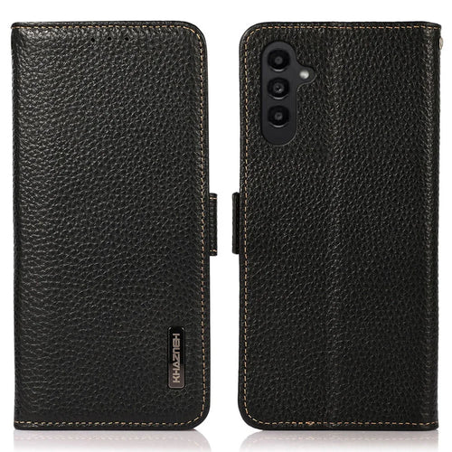 KHAZNEH For Samsung Galaxy M35 5G Phone Case Genuine Cow Leather Cover RFID Blocking - Black - 1
