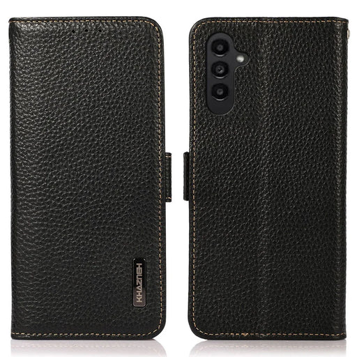 KHAZNEH For Samsung Galaxy M35 5G Phone Case Genuine Cow Leather Cover RFID Blocking - Black - 1