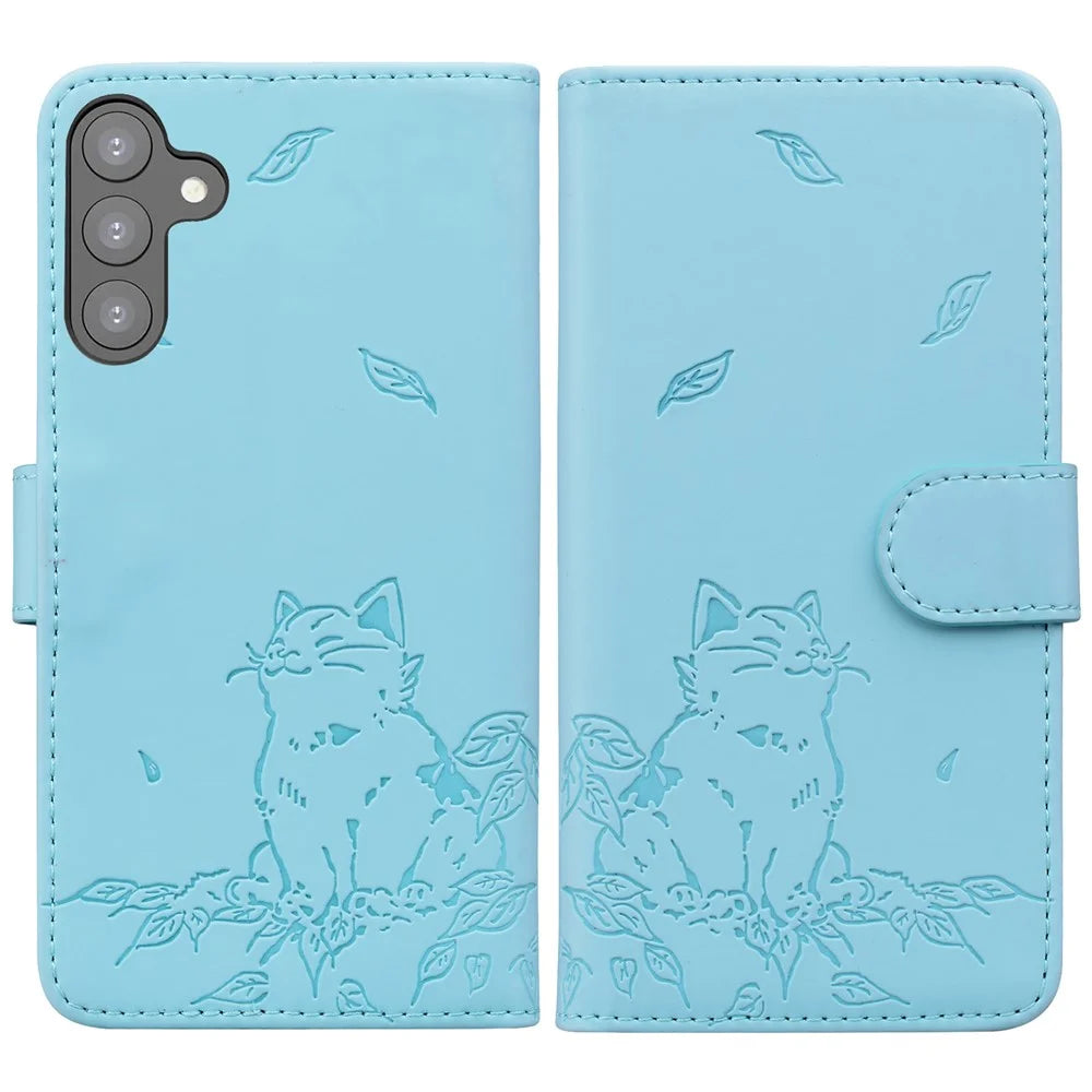 For Samsung Galaxy A16 5G / A16 4G Case Wallet Cat Pattern Imprinted Leather Phone Cover - Sky Blue - 1
