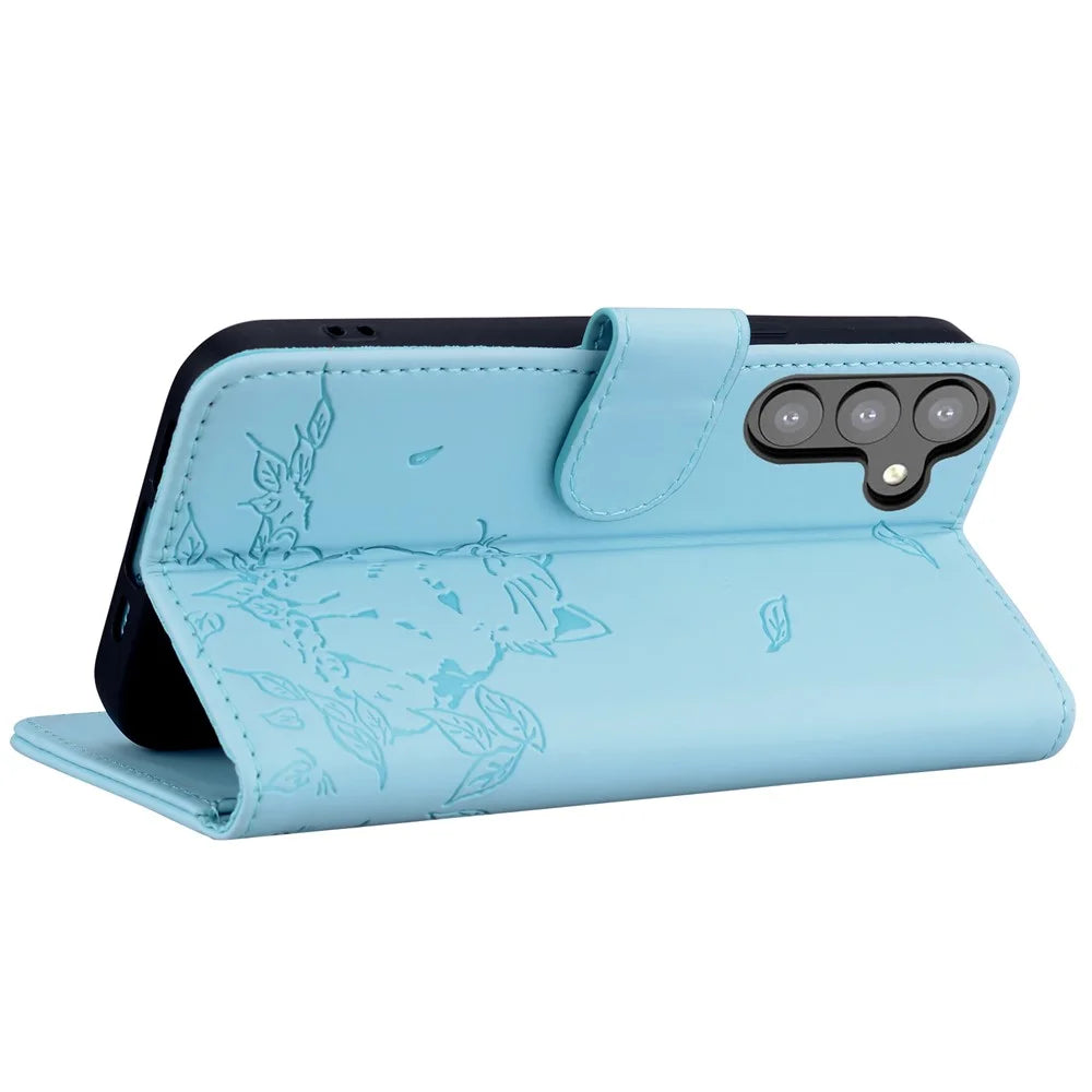 For Samsung Galaxy A16 5G / A16 4G Case Wallet Cat Pattern Imprinted Leather Phone Cover - Sky Blue - 4
