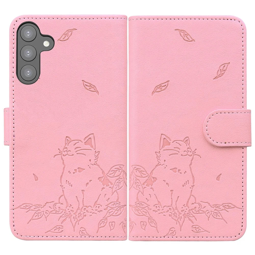 For Samsung Galaxy S24 Case Wallet Cat Pattern Imprinted Leather Phone Cover - Pink - 1
