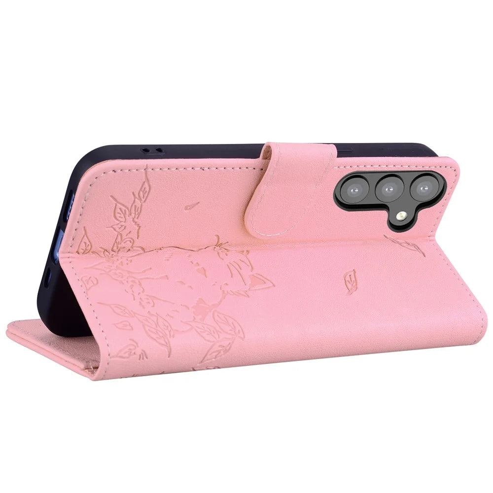 For Samsung Galaxy S24 Case Wallet Cat Pattern Imprinted Leather Phone Cover - Pink - 4