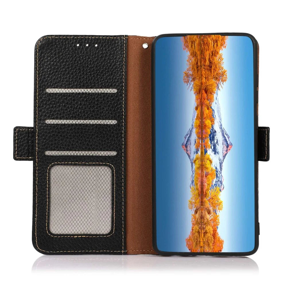 KHAZNEH For Samsung Galaxy A06 4G Phone Case Genuine Cow Leather Cover RFID Blocking - Black - 4