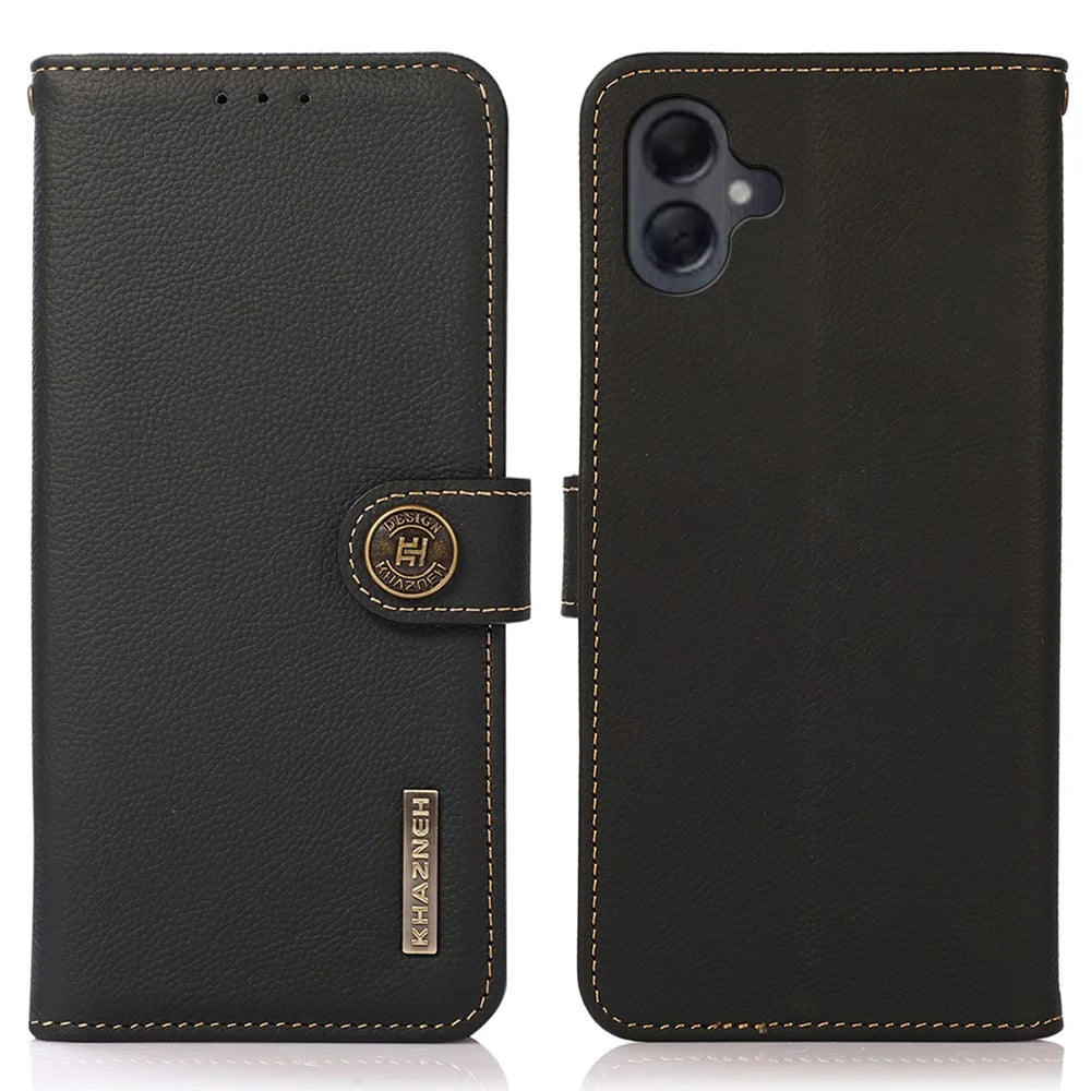 KHAZNEH For Samsung Galaxy A06 4G Case Genuine Cow Leather RFID Blocking Wallet Phone Cover - Black - 1