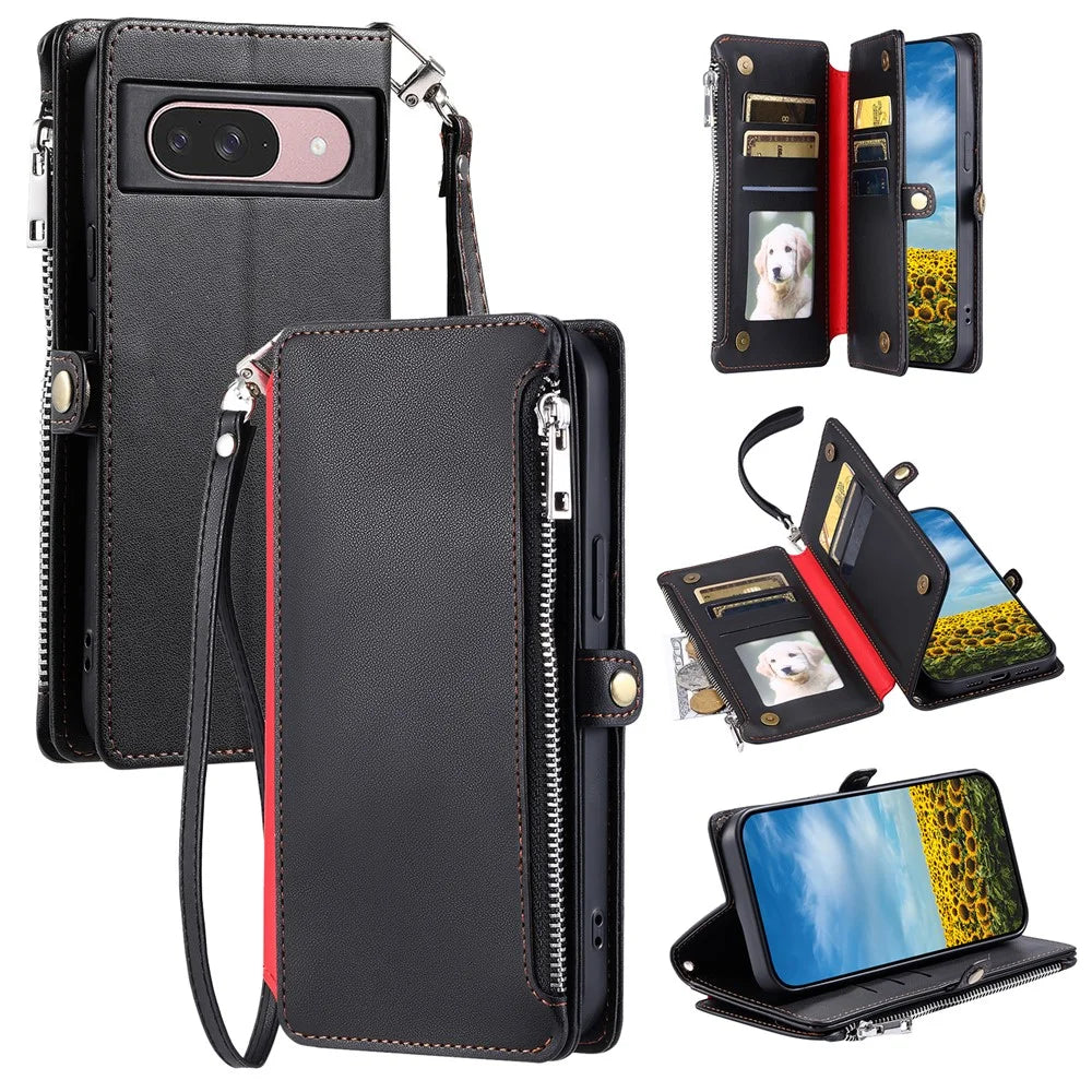 015 Style For Google Pixel 9 / 9 Pro Case TPU+PU Leather Wallet Phone Cover with Straps - Black - 1