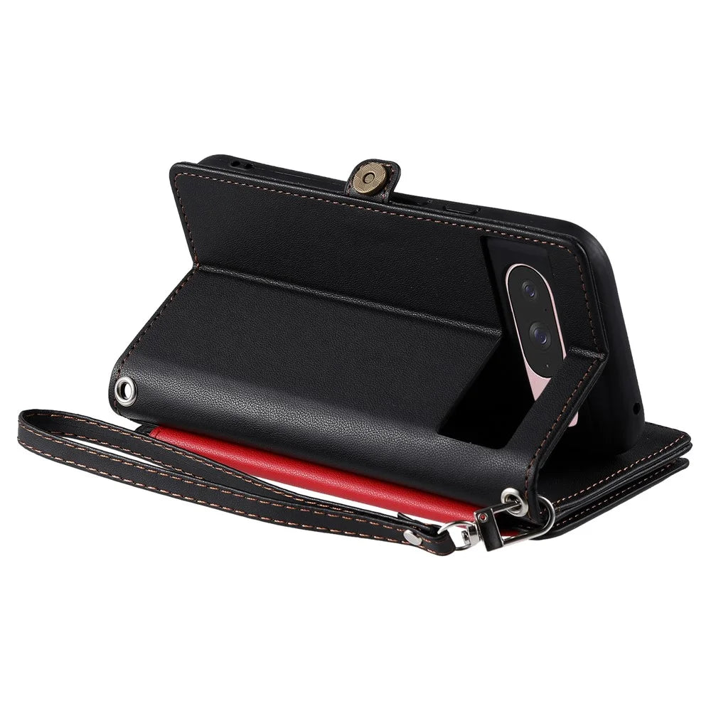 015 Style For Google Pixel 9 / 9 Pro Case TPU+PU Leather Wallet Phone Cover with Straps - Black - 4