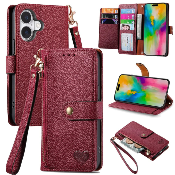 For iPhone 16 Case RFID Blocking Zipper Pocket Leather Wallet Phone Cover - Red - 1
