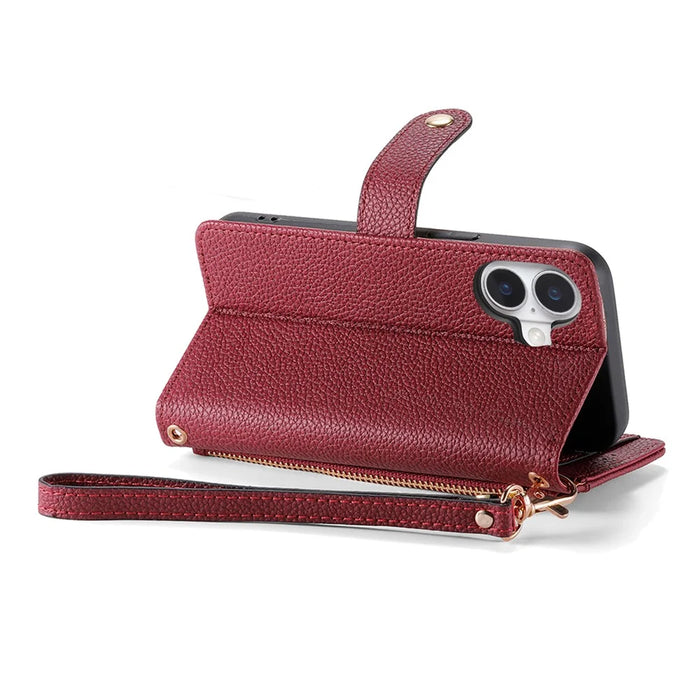 For iPhone 16 Case RFID Blocking Zipper Pocket Leather Wallet Phone Cover - Red - 4