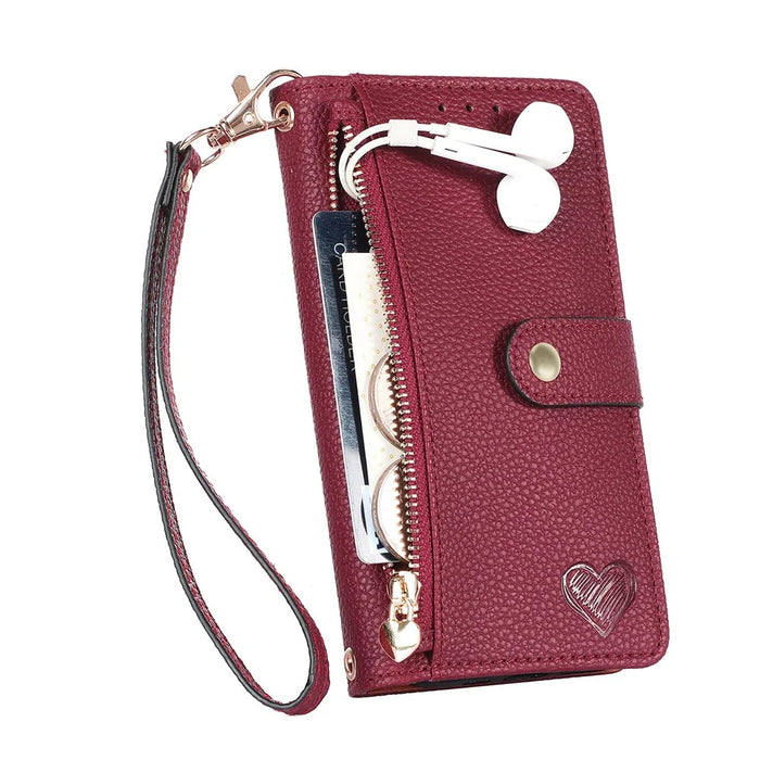 For iPhone 16 Case RFID Blocking Zipper Pocket Leather Wallet Phone Cover - Red - 5