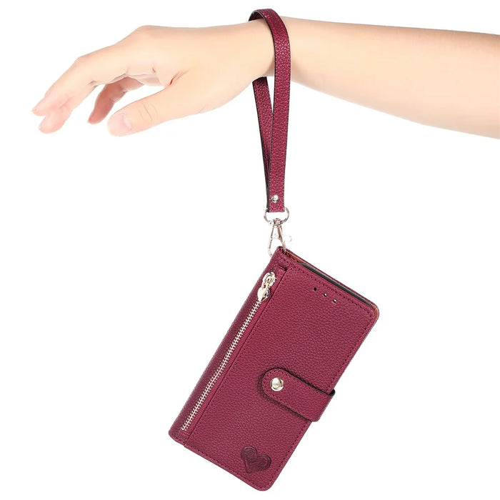 For iPhone 16 Case RFID Blocking Zipper Pocket Leather Wallet Phone Cover - Red - 6