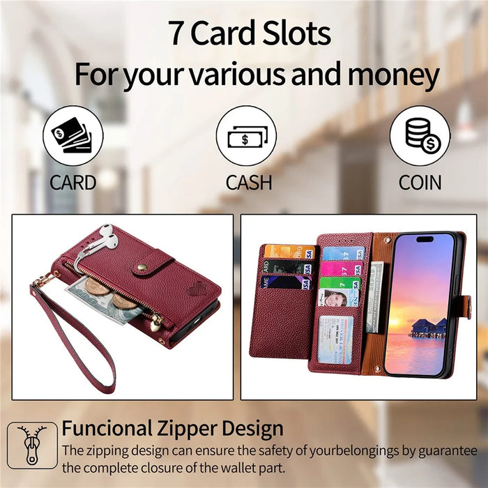 For iPhone 16 Case RFID Blocking Zipper Pocket Leather Wallet Phone Cover - Red - 7