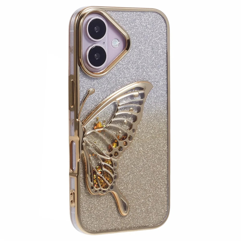 For iPhone 16 Plus Case Quicksand Butterfly TPU Phone Cover with Glass Lens Film - Gold - 1