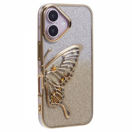 For iPhone 16 Plus Case Quicksand Butterfly TPU Phone Cover with Glass Lens Film - Gold - 1