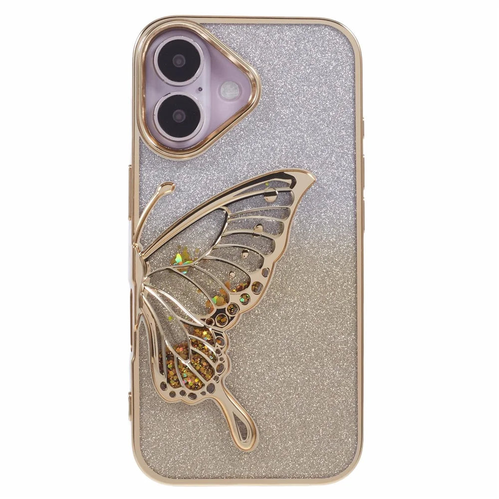 For iPhone 16 Plus Case Quicksand Butterfly TPU Phone Cover with Glass Lens Film - Gold - 3