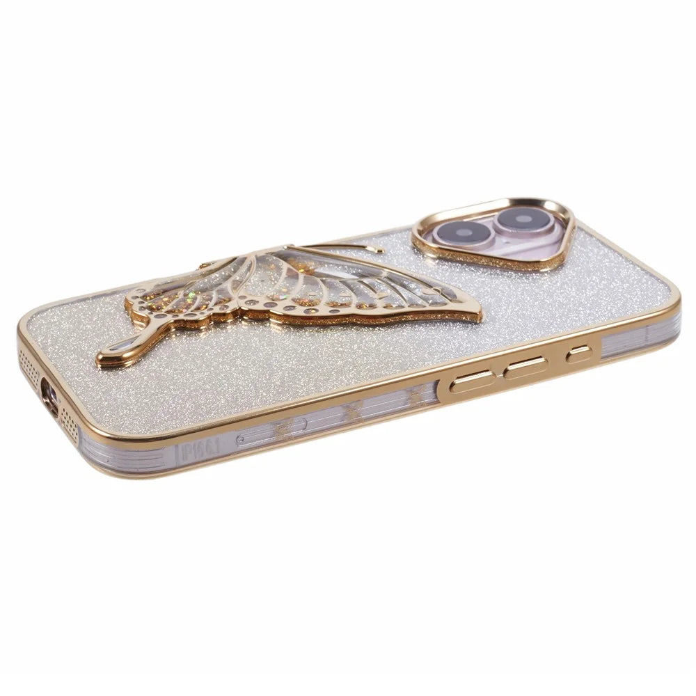 For iPhone 16 Plus Case Quicksand Butterfly TPU Phone Cover with Glass Lens Film - Gold - 5