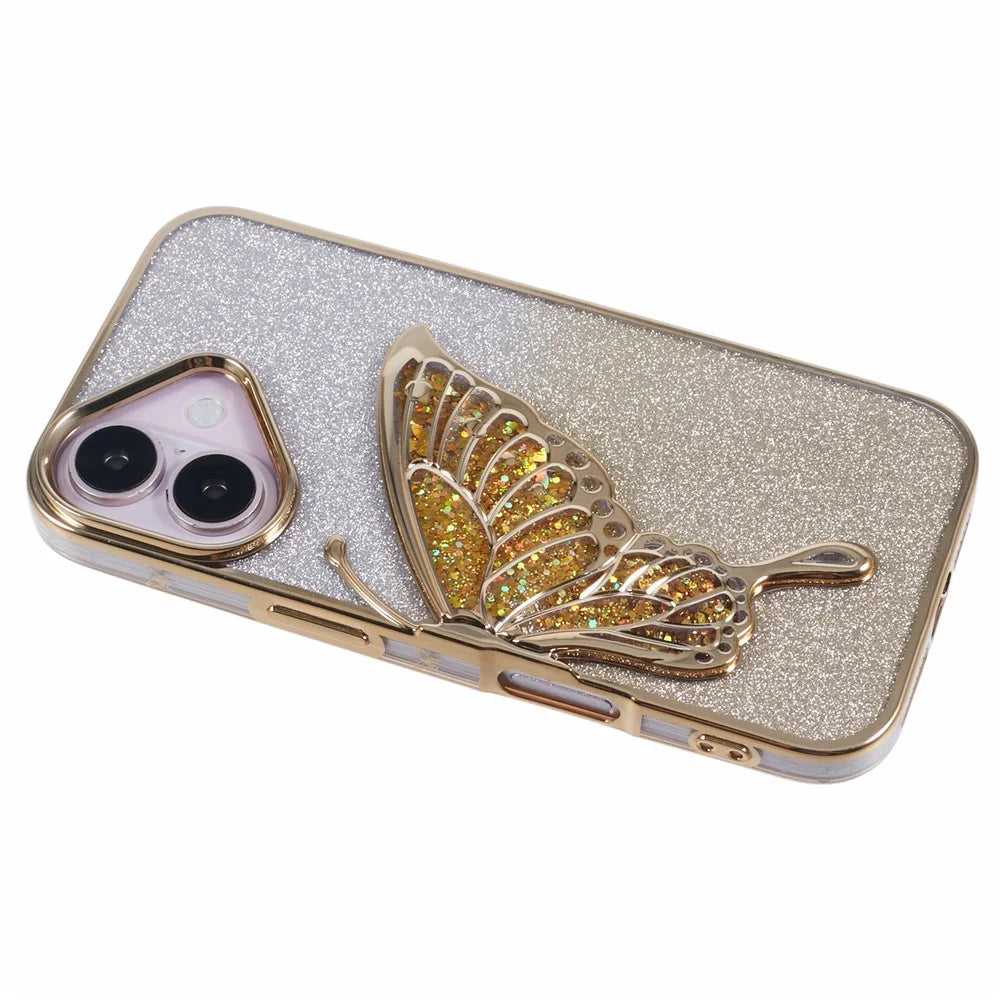 For iPhone 16 Plus Case Quicksand Butterfly TPU Phone Cover with Glass Lens Film - Gold - 6
