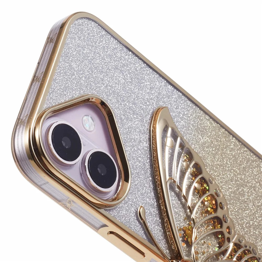 For iPhone 16 Plus Case Quicksand Butterfly TPU Phone Cover with Glass Lens Film - Gold - 7