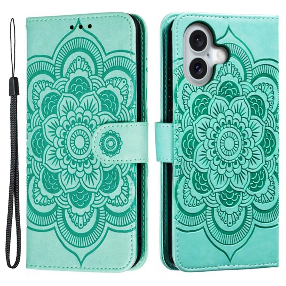 For iPhone 16 Case PU Leather Mandala Imprinted Design Wallet Phone Cover - Green - 1