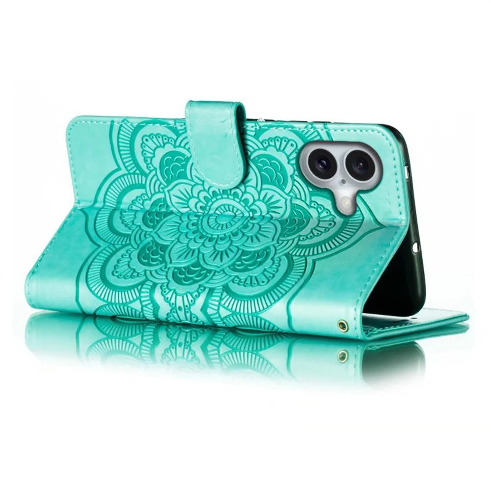 For iPhone 16 Case PU Leather Mandala Imprinted Design Wallet Phone Cover - Green - 4