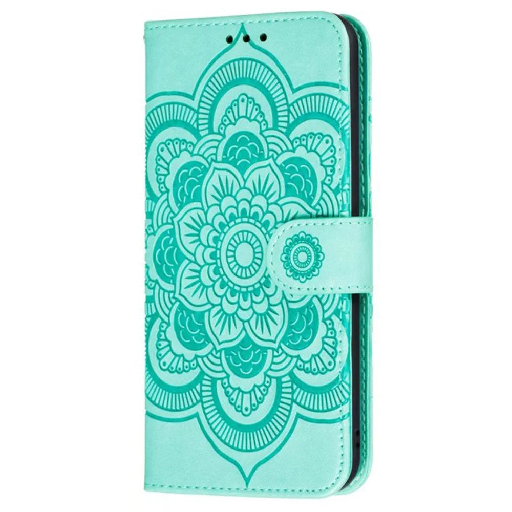 For iPhone 16 Case PU Leather Mandala Imprinted Design Wallet Phone Cover - Green - 6