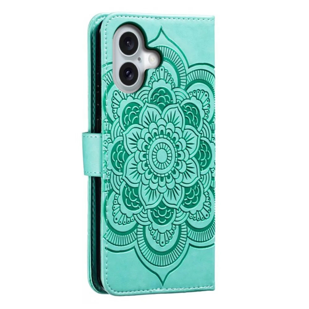 For iPhone 16 Case PU Leather Mandala Imprinted Design Wallet Phone Cover - Green - 7