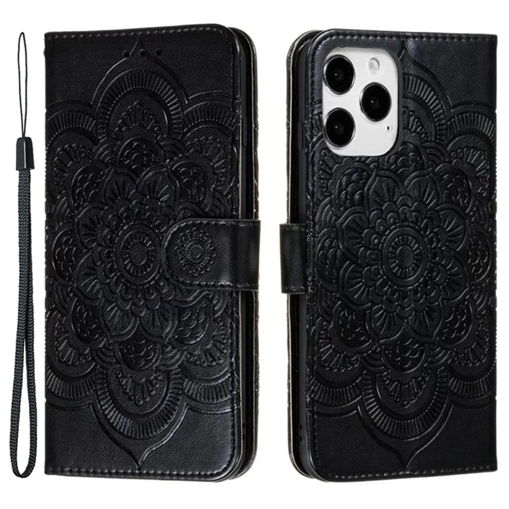 For iPhone 16 Pro Case PU Leather Mandala Imprinted Design Wallet Phone Cover - Black - 1