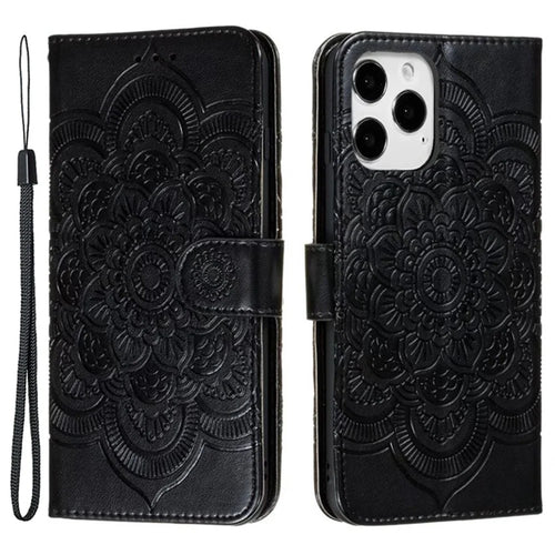 For iPhone 16 Pro Case PU Leather Mandala Imprinted Design Wallet Phone Cover - Black - 1