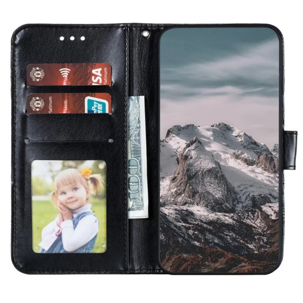 For iPhone 16 Pro Case PU Leather Mandala Imprinted Design Wallet Phone Cover - Black - 2