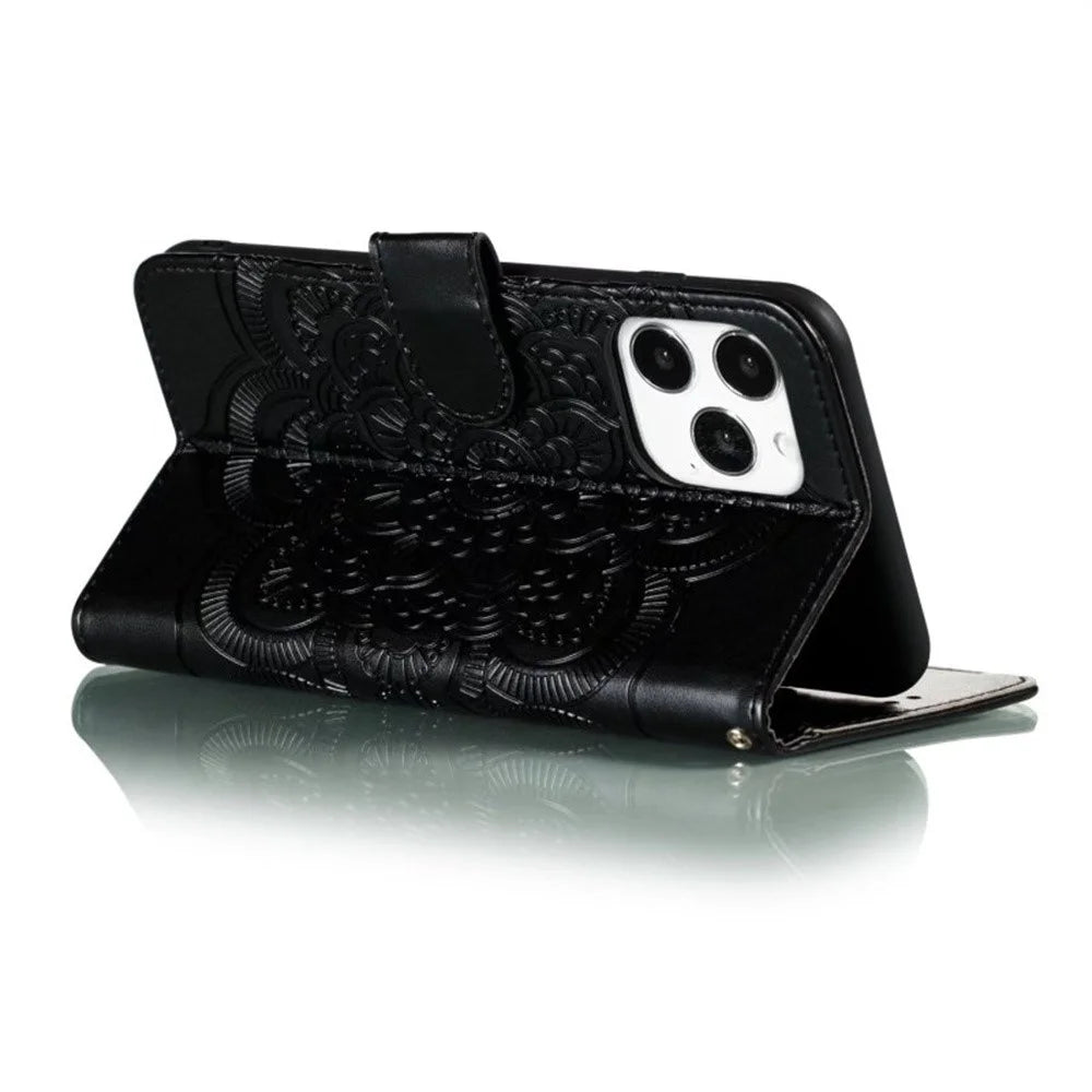For iPhone 16 Pro Case PU Leather Mandala Imprinted Design Wallet Phone Cover - Black - 4