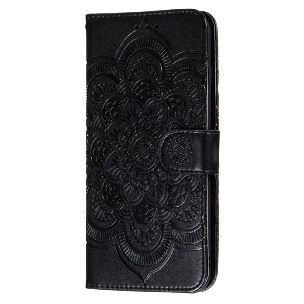 For iPhone 16 Pro Case PU Leather Mandala Imprinted Design Wallet Phone Cover - Black - 6