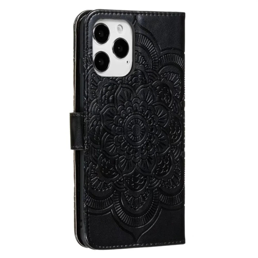 For iPhone 16 Pro Case PU Leather Mandala Imprinted Design Wallet Phone Cover - Black - 7