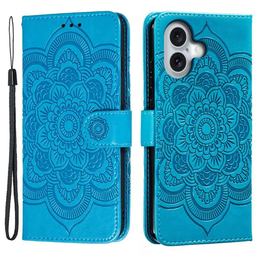 For iPhone 16 Plus Case PU Leather Mandala Imprinted Design Wallet Phone Cover - Blue - 1