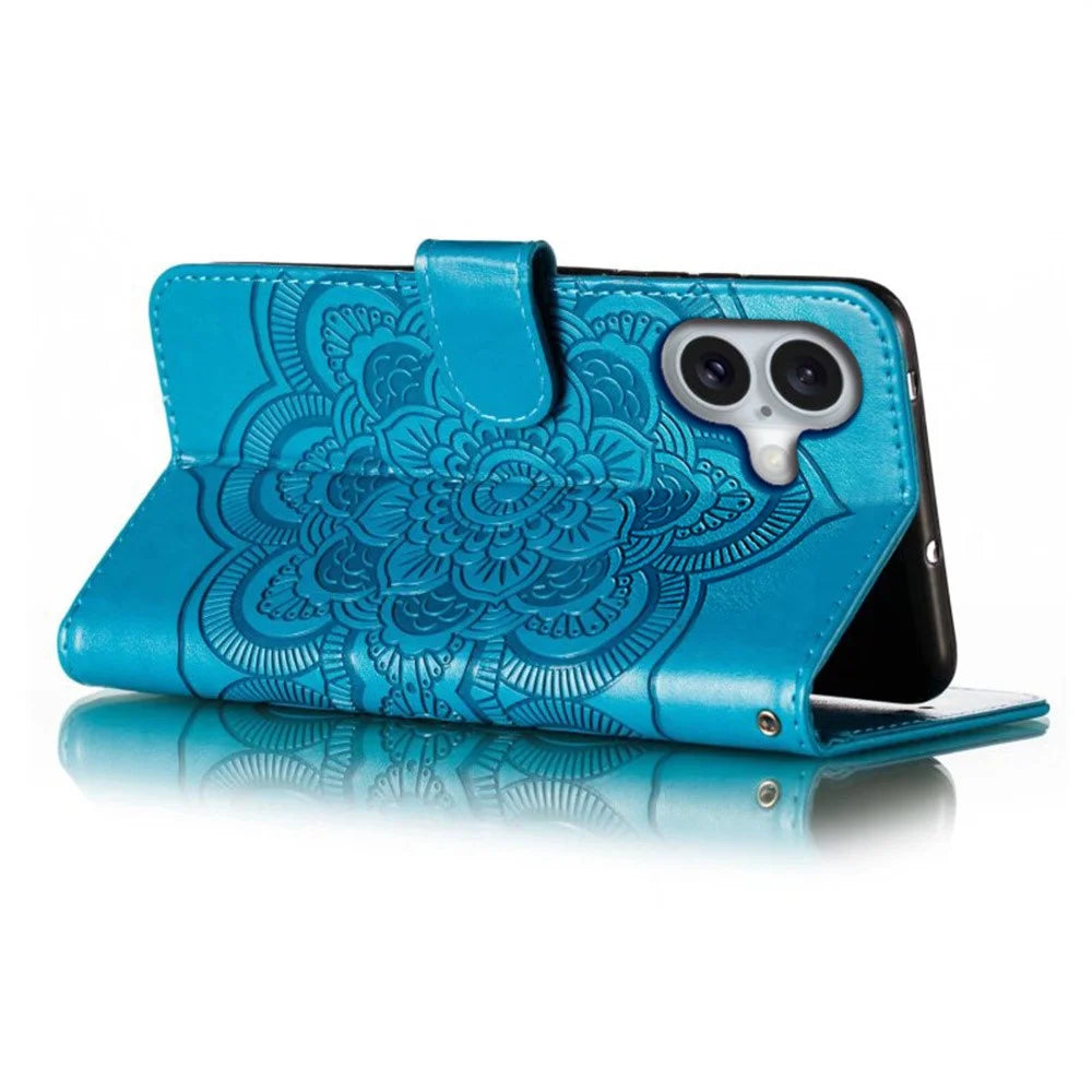 For iPhone 16 Plus Case PU Leather Mandala Imprinted Design Wallet Phone Cover - Blue - 4