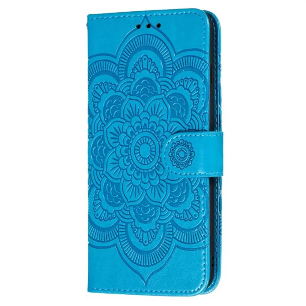 For iPhone 16 Plus Case PU Leather Mandala Imprinted Design Wallet Phone Cover - Blue - 6