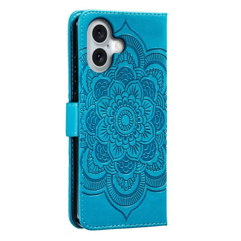 For iPhone 16 Plus Case PU Leather Mandala Imprinted Design Wallet Phone Cover - Blue - 7