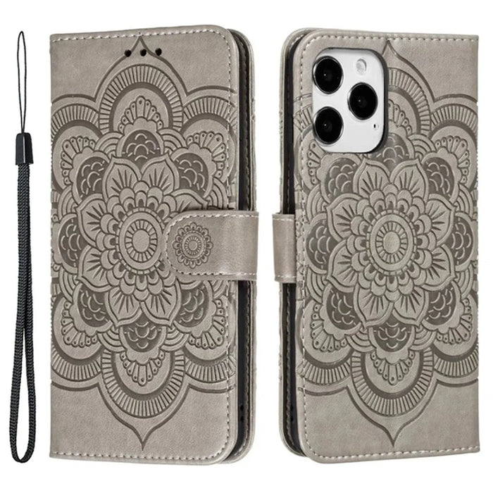 For iPhone 16 Pro Max Case PU Leather Mandala Imprinted Design Wallet Phone Cover - Grey - 1